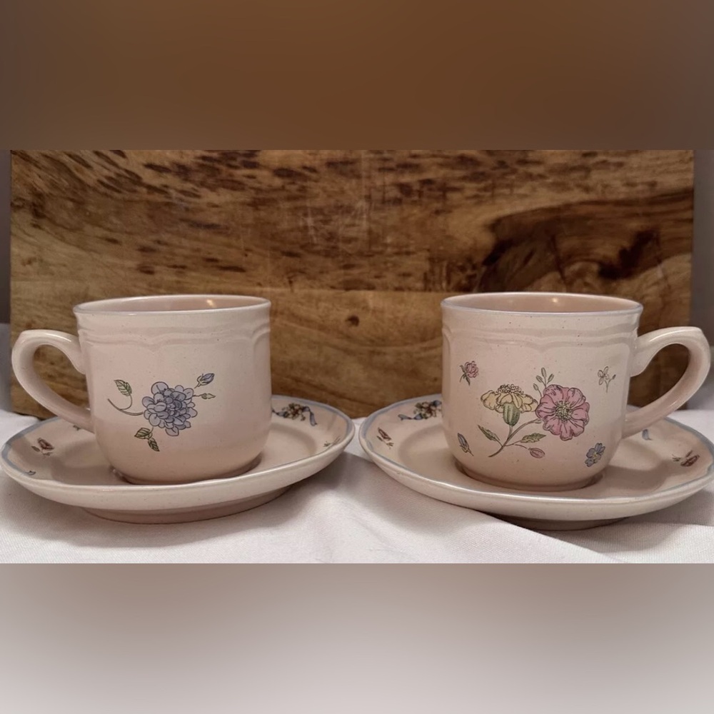 International Tableworks Stoneware Teacup and Saucer Blue & Pink Floral.